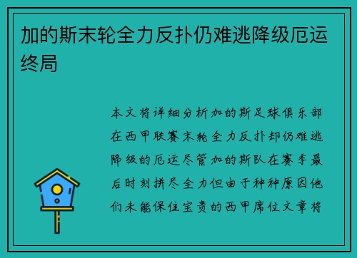 加的斯末轮全力反扑仍难逃降级厄运终局